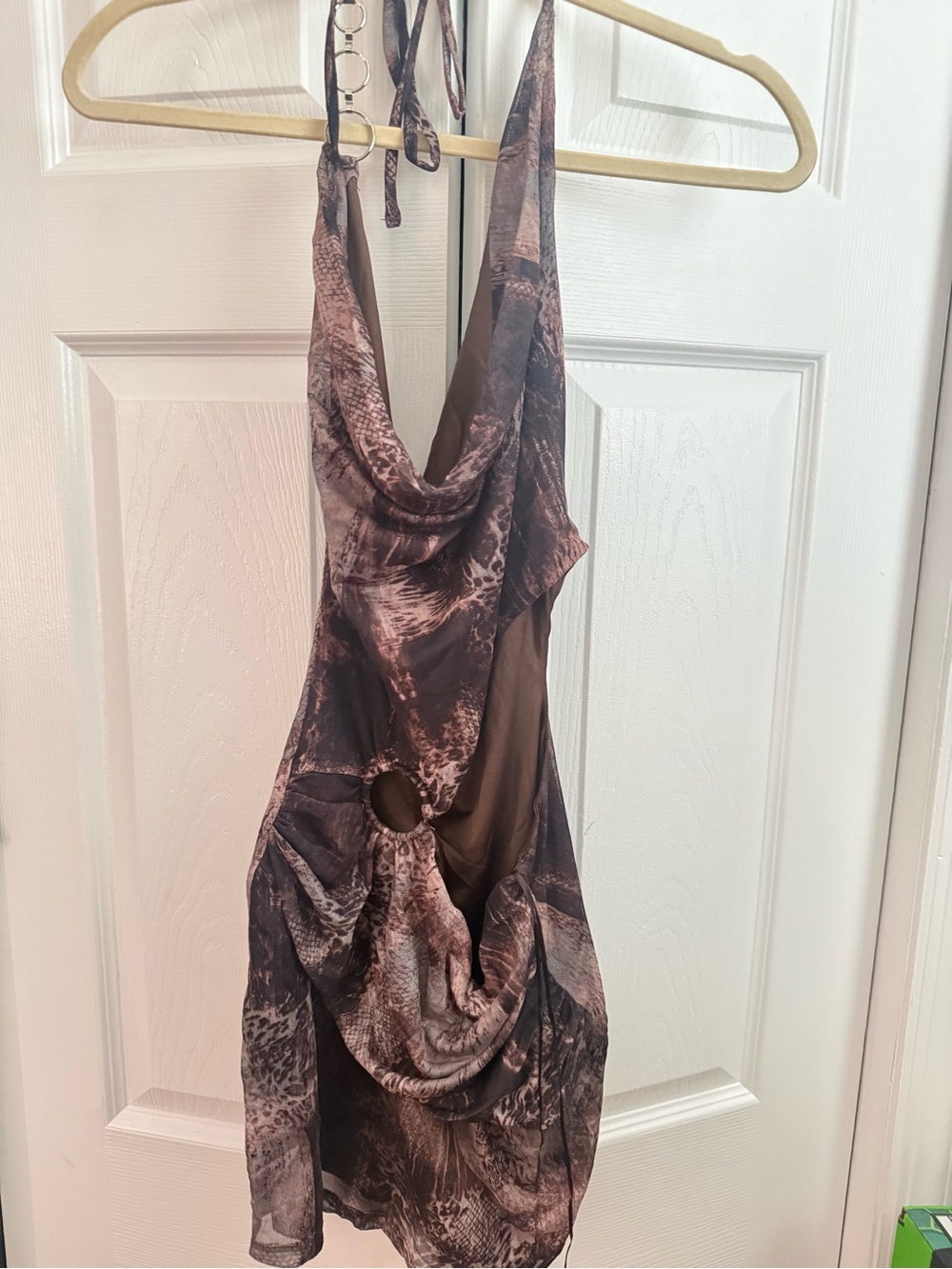 Windsor Brown Patterned Backless Halter Dress with Ring Detail